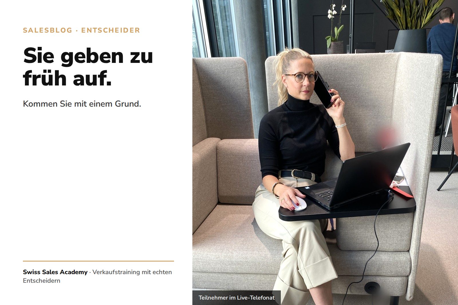 Blogbild_6266_zugang-zu-entscheidern Teilnehmerin der Akquiseparty telefoniert im Sessel mit Laptop
