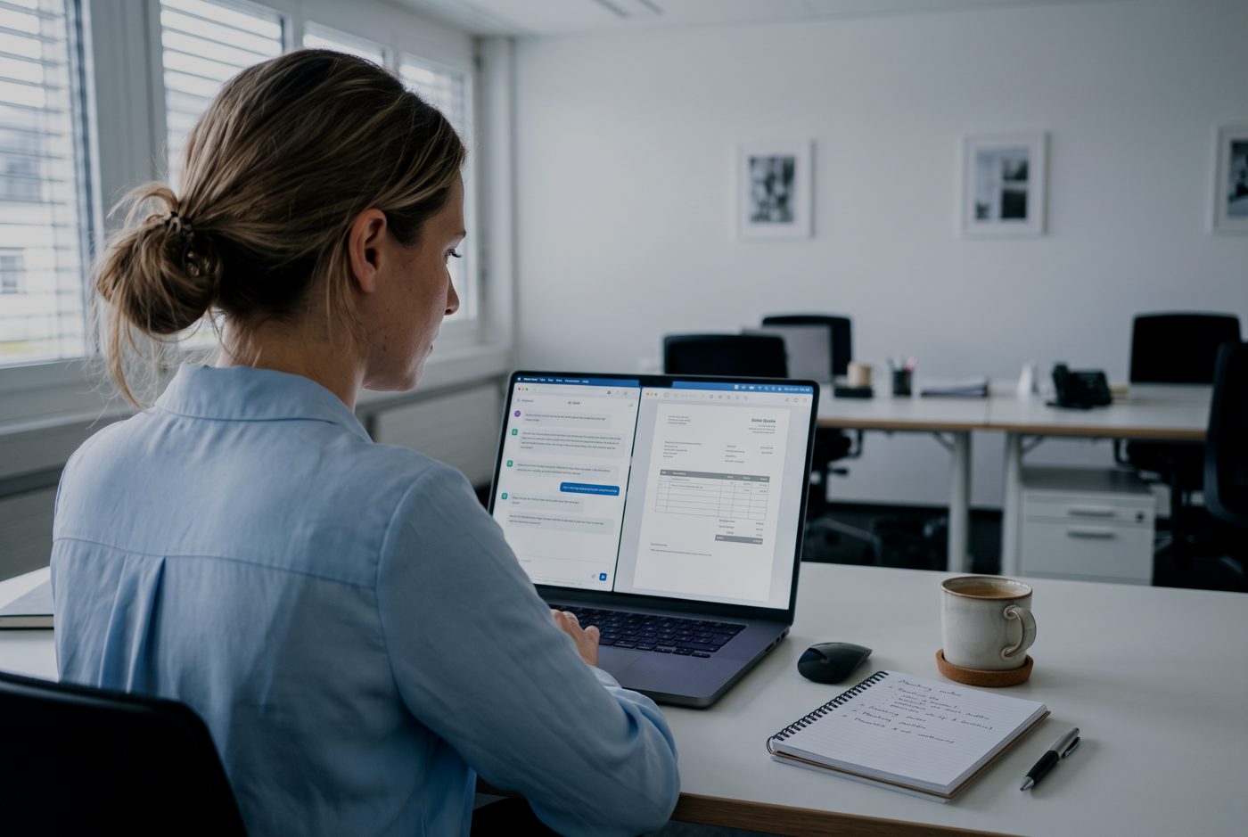 Verkäuferin erstellt am Laptop eine Offerte mit einem KI-Assistenten